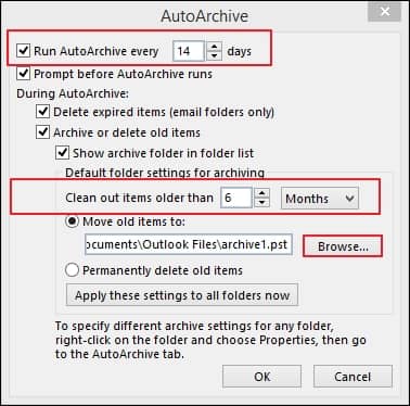 Choose the period of archiving and browse the location where you want to save your converted PST file