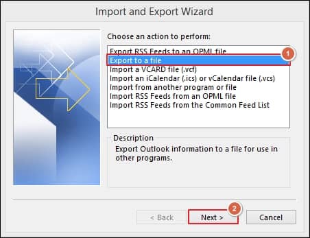 From the Import and Export wizard choose Export to a file option