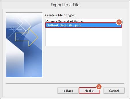 select Outlook data file option from the Export to a File window