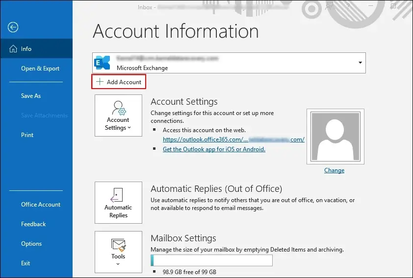 Open Outlook application and click Add Account option