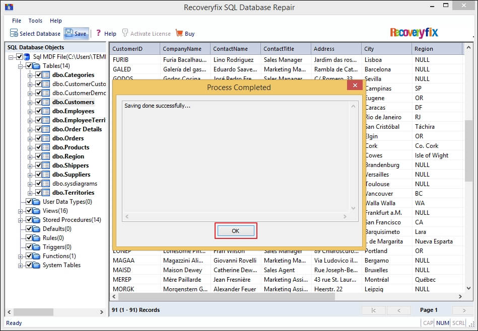 End SQL database repair process