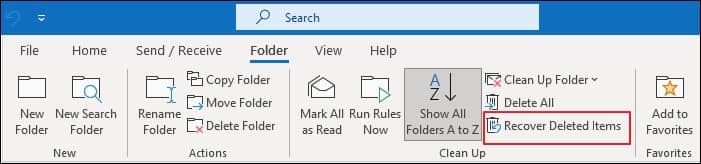 Click on Recover Deleted Items option under the Folders tab