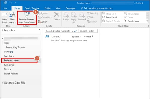 Access the Home tab and click on Deleted Items then Recover Deleted Items from Server 