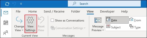 Access the View tab in the Outlook application and click on View Settings 