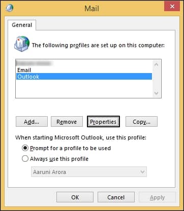 Choose the affected Outlook profile and click on Properties