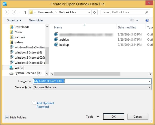 Click on Outlook Data file, rename and save it as Outlook Data File