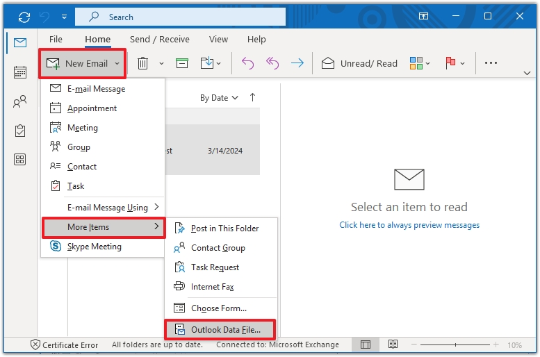 Select New Email then select More Items and and click on Outlook Data Files
