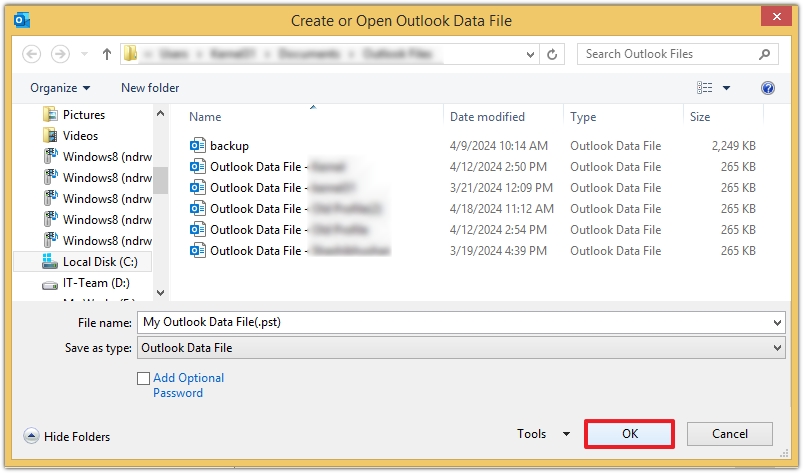 Name the PST files and save as Outlook data file