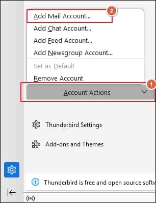 Select Add Mail Account option from the drop down list under Account Actions