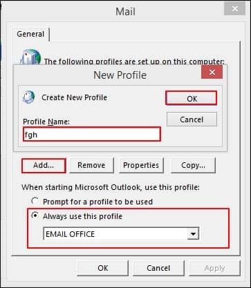 choose the Add option in the Mail window type the Profile Name and click the OK option