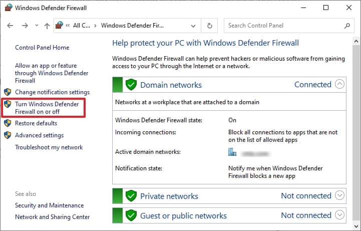 choose Turn Windows Firewall on or off from the left panel