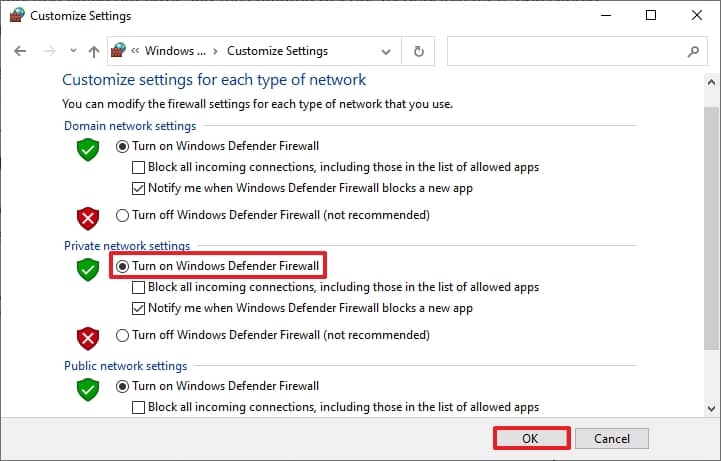 Select Customize Settings and under Private Network Settings 