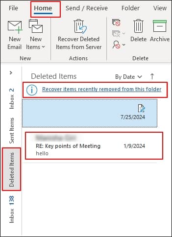 Open Outlook and click on the Deleted Items folder and find the missing contact