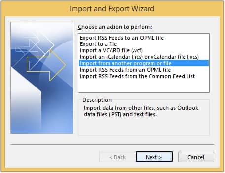 Choose Import from another program or file and click Next