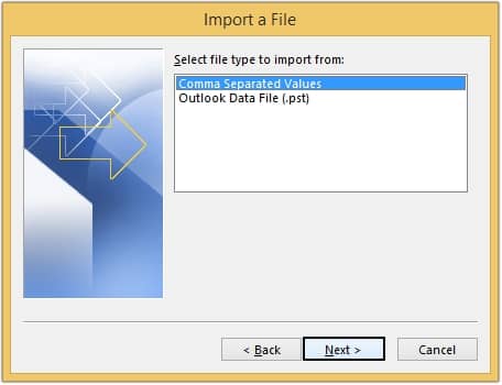 Select Comma Separated Values and click Next