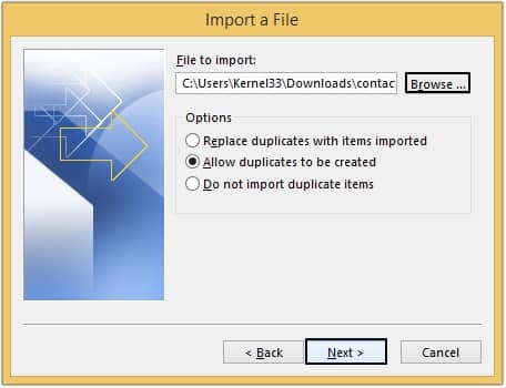 Click Browse and select the CSV file to import Click Next to proceed