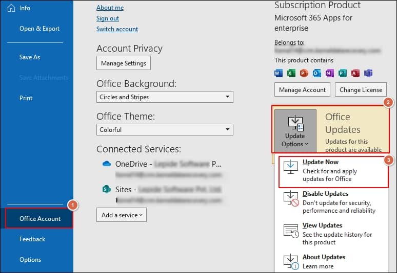 choose Office Account and click the Update Options