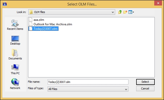 choose olm files from local drive