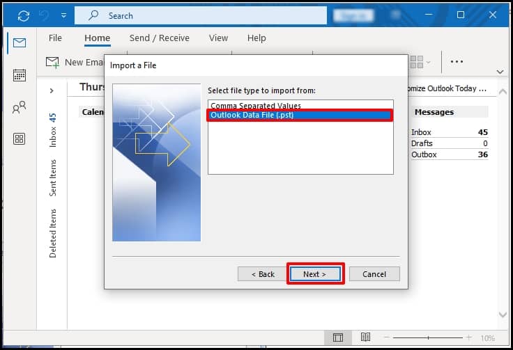 select outlook data file