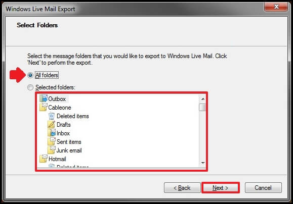 Select Windows Live Mail for backup folders