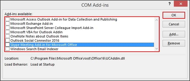 Uncheck every connected add in and click on the OK option