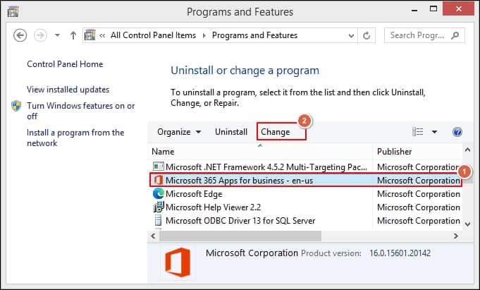 choose Microsoft Office and click on the Change 