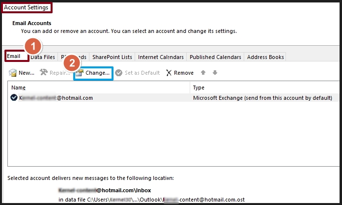 Choose Microsoft or Exchange account and click change