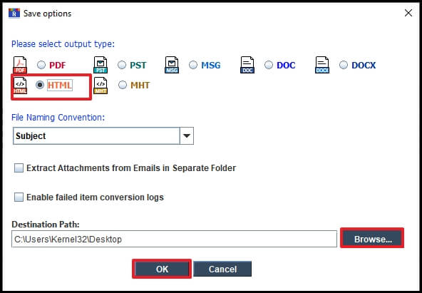 Select the output type as per the file format requirement