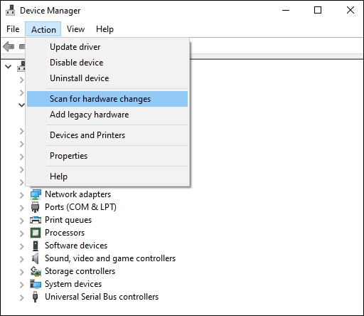 select Action and click Scan for hardware changes to automatically install the display drivers