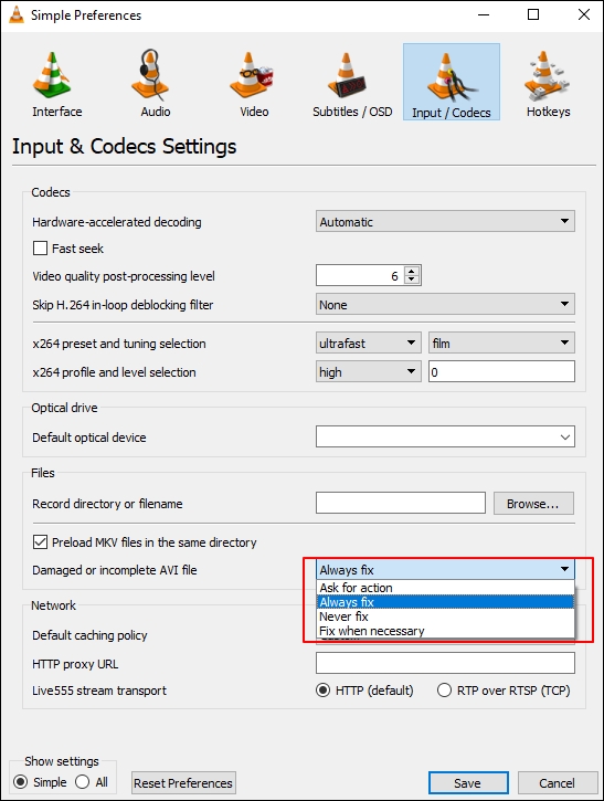 Set the value to Always Fix for damaged or incomplete AVI files