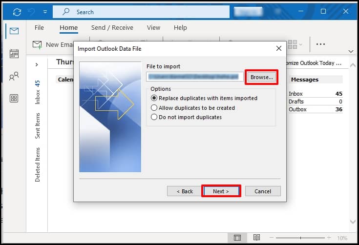browse the PST file from File Explorer that you want to import