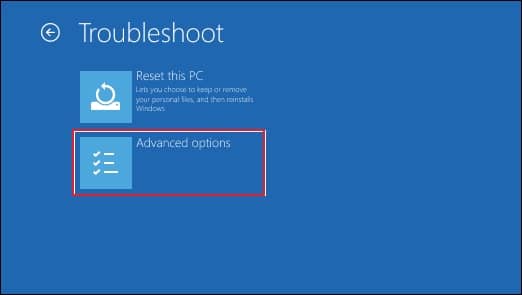 Click on Advanced options under Troubleshoot