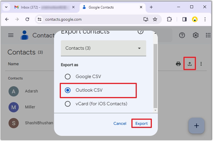 Click Export and choose Outlook CSV