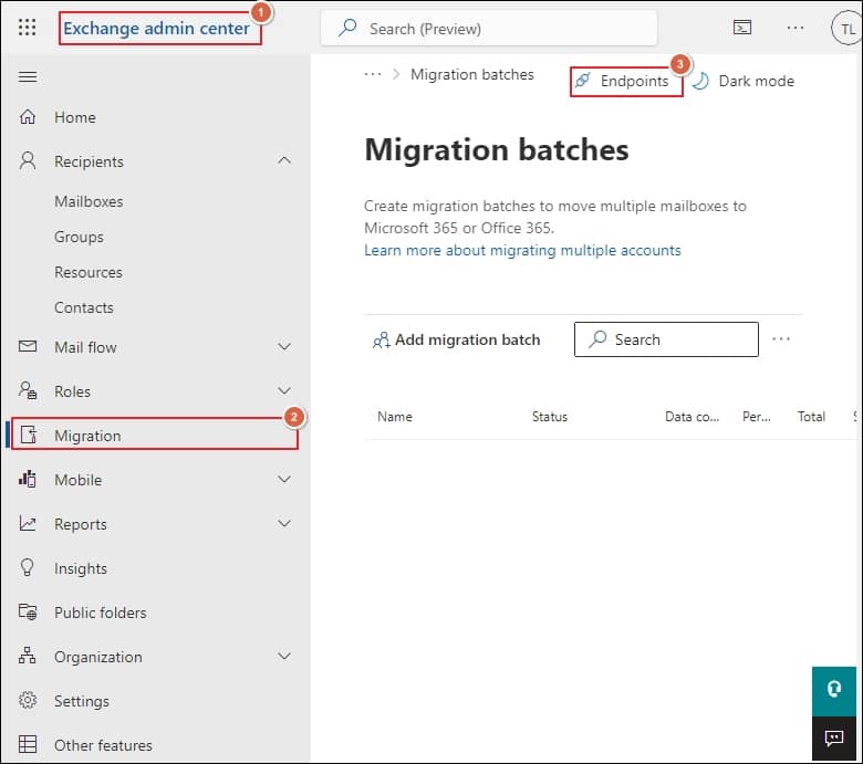 Go to Migration in the Exchange admin