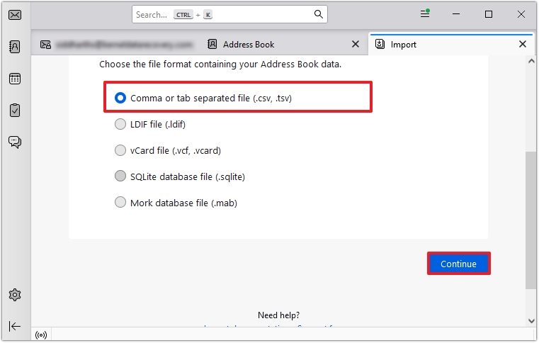 Choose CSV file and click Continue