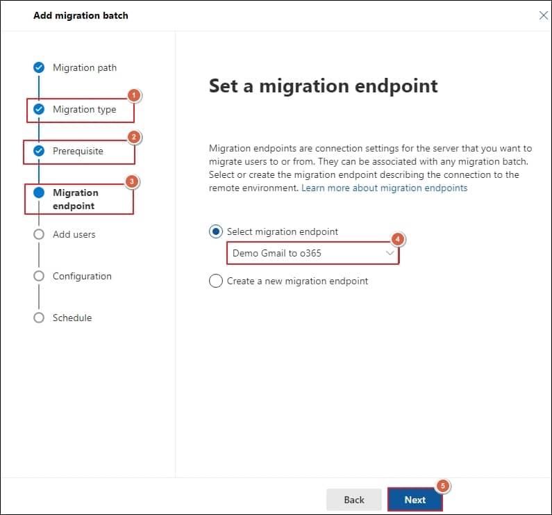 select migration endpoint 