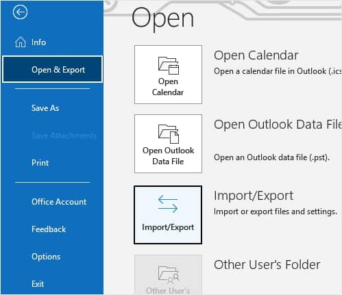 Launch Outlook and click on File then Open and Export then Import Export