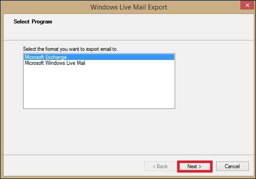 Choose Microsoft Exchange as the format and click Next