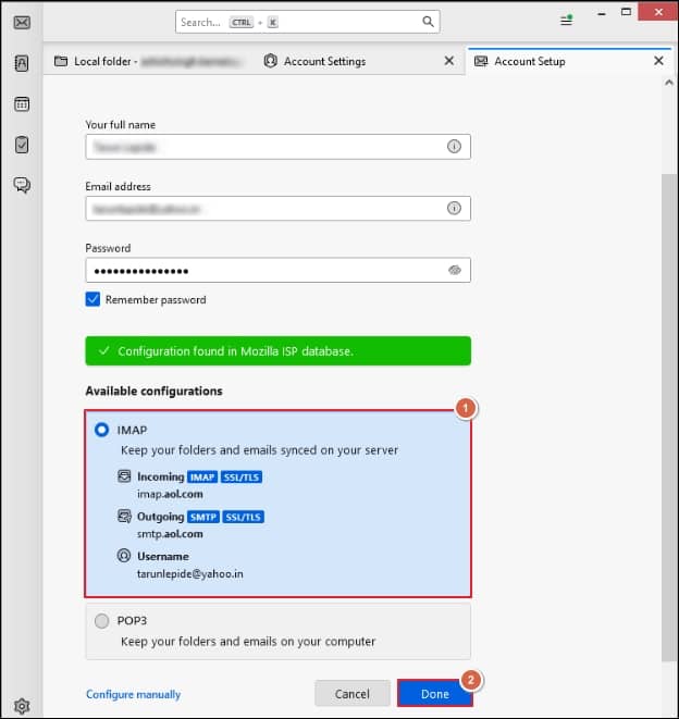 choose IMAP in the Available configurations