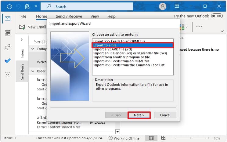 Choose Export a file and click Next