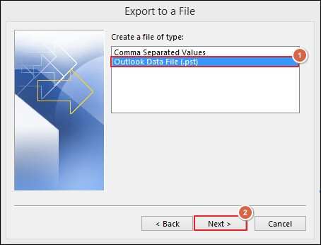 select Outlook data file option followed by the Next option