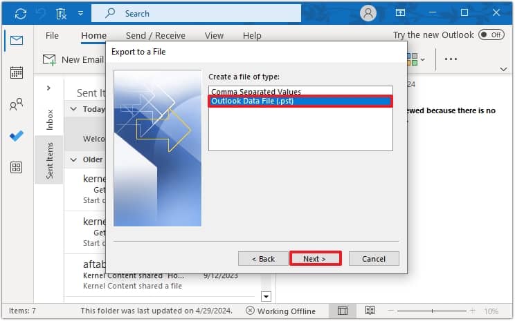 Choose Outlook data file 