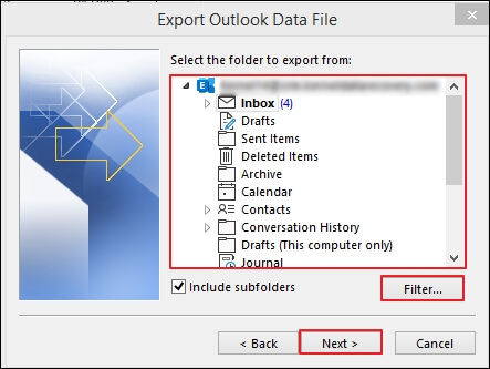 Select desired folders that you want to export along with appropriate filters