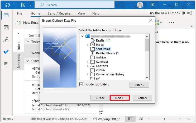 choose the folders you want to export and click Finish