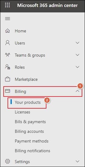 Expand Billing option under Microsoft 365