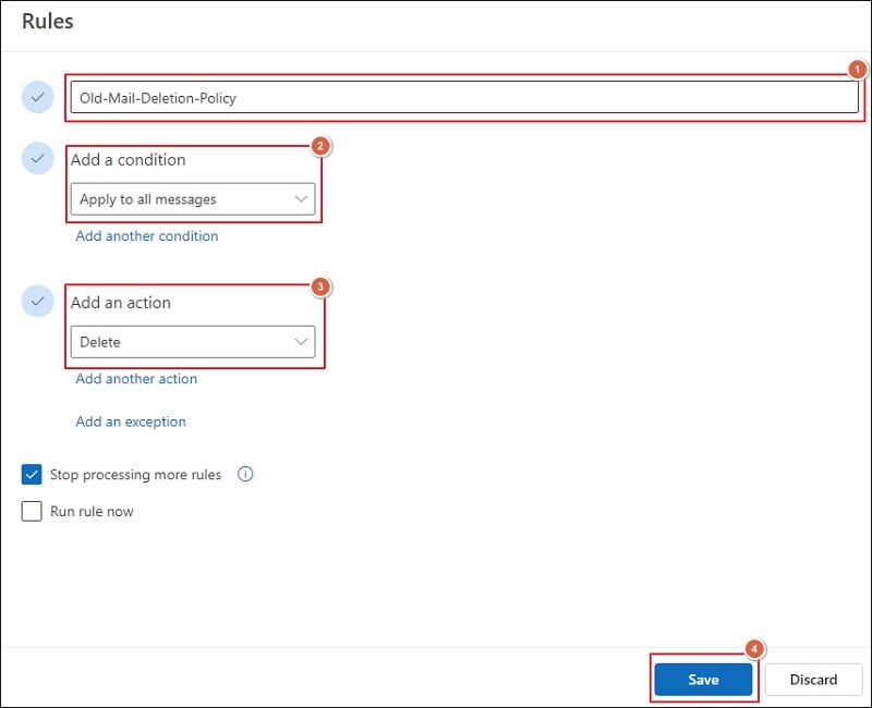 Enter name of the rule then Add a condition as needed select Delete as an action and click Save