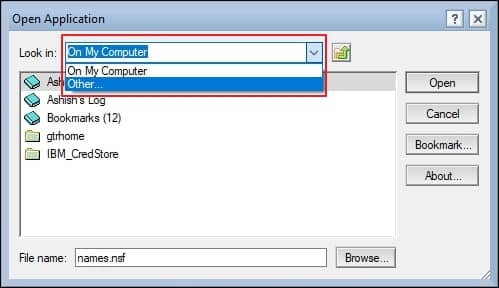 Select your server using the drop-down feature to open server-stored NSF files in HCL Notes Application