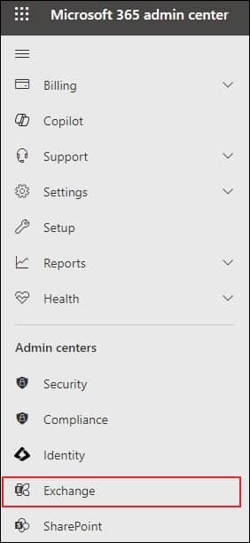 Click on Exchange from the left pane under the Microsoft 365 admin center