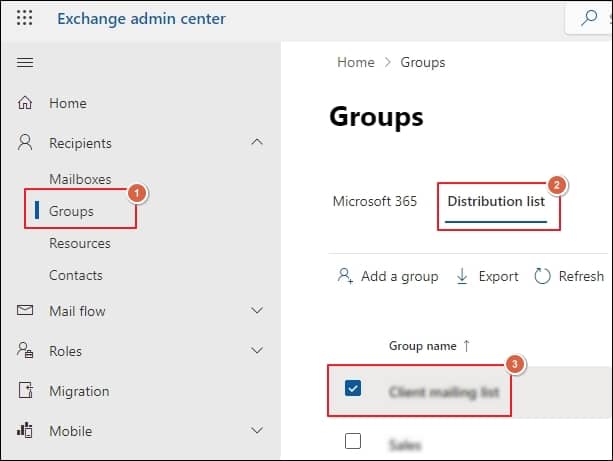 Go to Distribution list by clicking on Groups