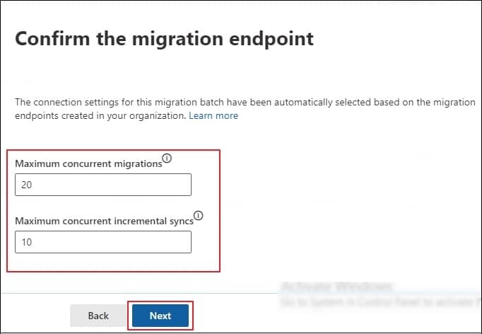 Confirm the migration endpoint and tap on Next option